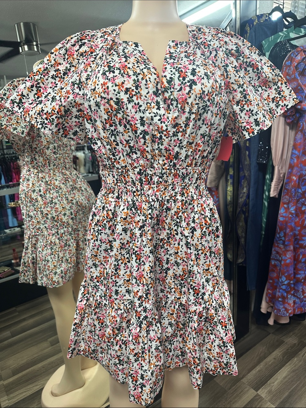 Anthropologie White Floral Smocked Short Dress with Pink & Orange Blossoms